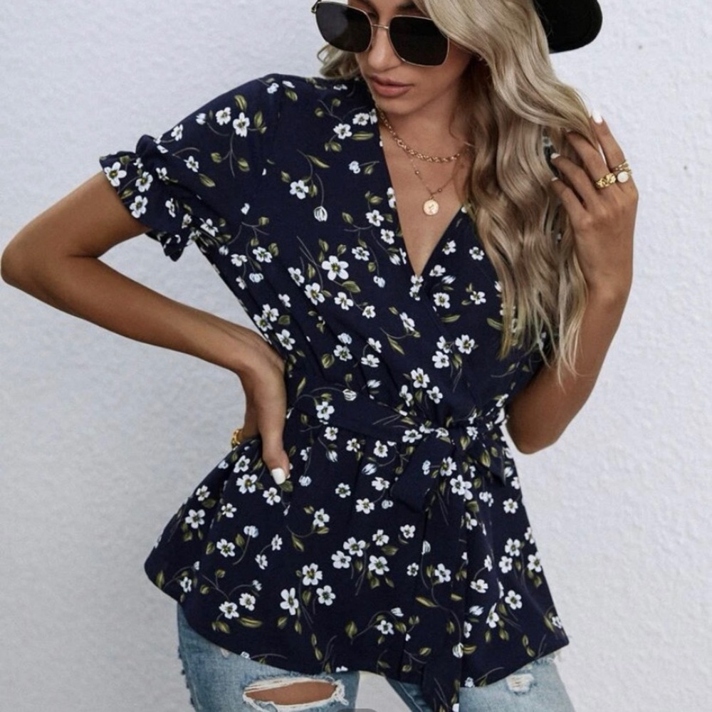 SHEIN floral print belted blouse
